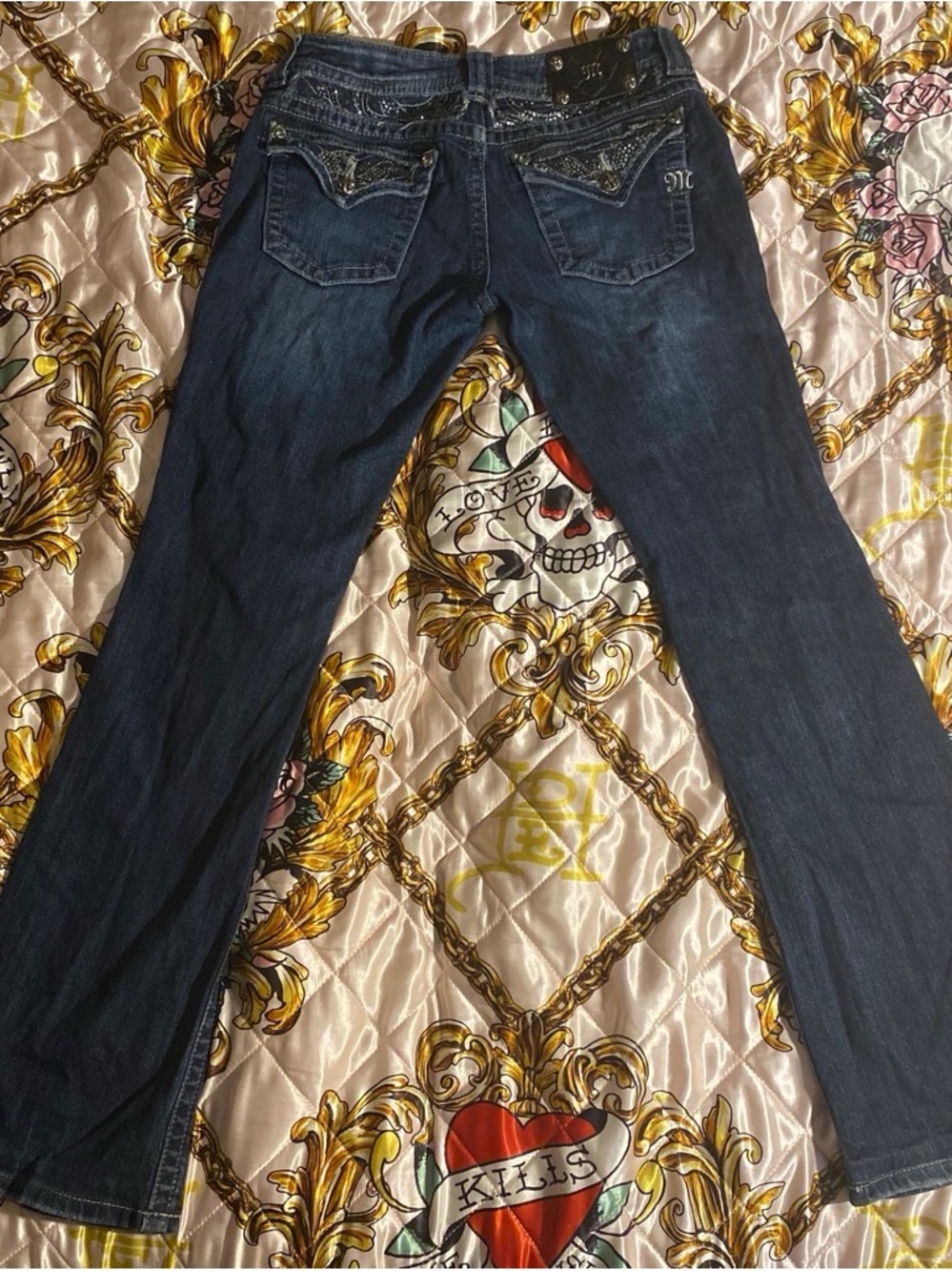 Miss Me Dark Blue Straight Leg Jeans with Embellished Back Pockets